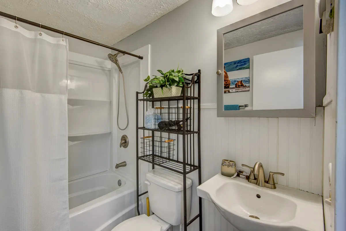 A bright, functional bathroom featuring a bathtub, modern sink, large mirror, and a plant shelving unit. The space looks clean and inviting, well-suited for relaxation and daily routines.